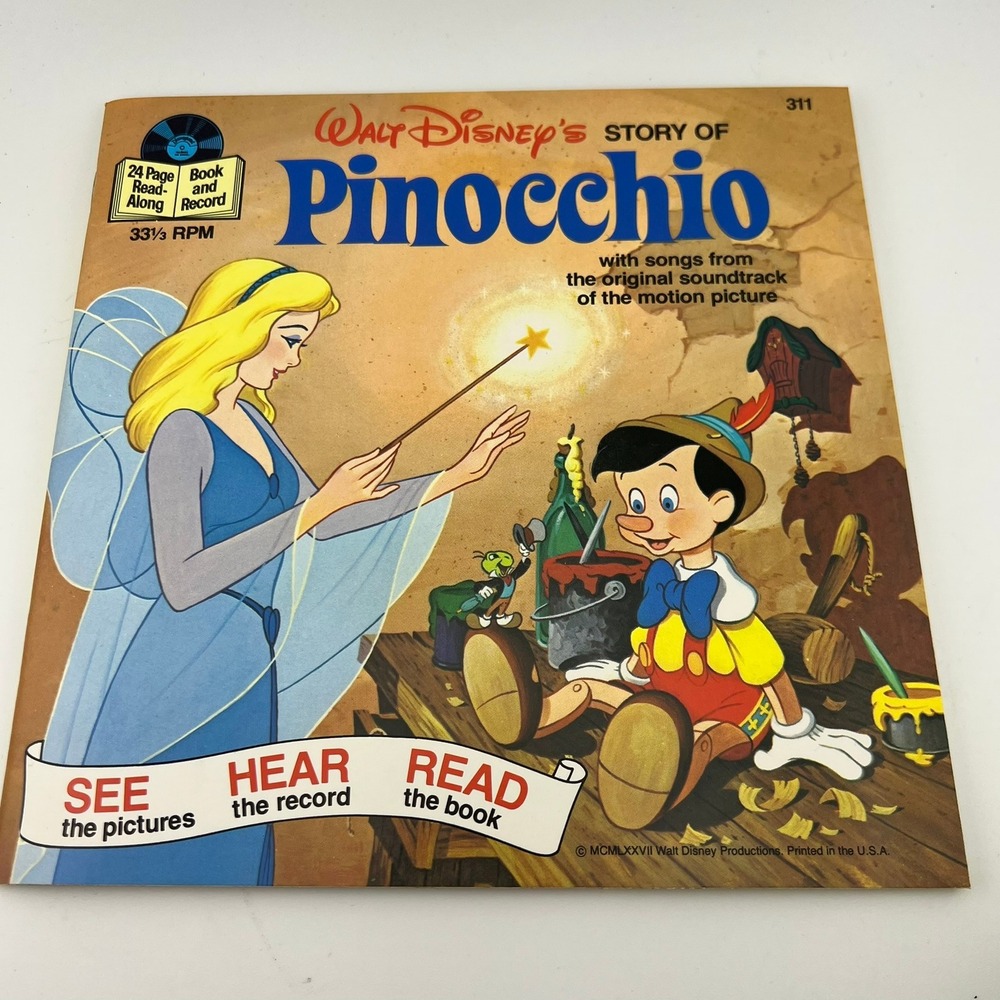Vintage Disney Pinocchio Book &‎ Record 1977 Read Along Vinyl 33 RPM
